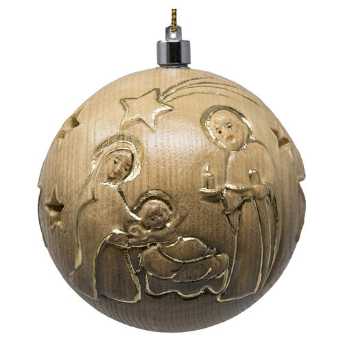 Christmas ball of 2.2 in with Nativity and warm light, carved coated wood of Val Gardena, golden details 1