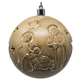 Christmas ornament of 2.8 in with Nativity and warm light, carved coated wood of Val Gardena, golden details