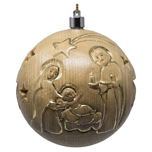 Boule Noël bois sculpté patiné Val Gardena lumière 7 cm or Sainte Famille 1