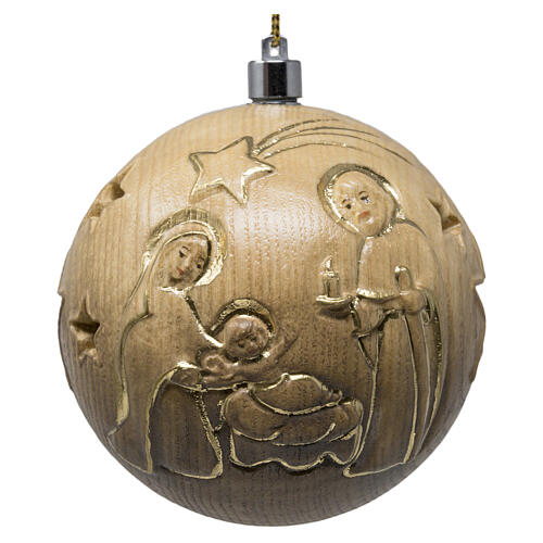Palla Natale legno scolpito patinato Valgardena luce 7 cm oro Sacra Famiglia 1