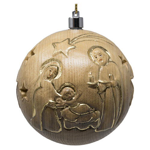 Pallina scolpita legno patinato fin. Oro Valgardena 9 cm illuminata Natività 2