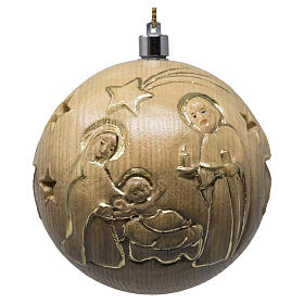 Bola de Natal esculpida madeira patinada acab. ouro Val Gardena 9 cm iluminada Natividade