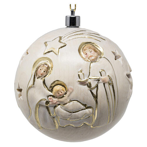 White and gold Christmas ball, Val Gardena carved wood with Nativity and light, 2.2 in 1