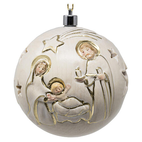 Pallina bianca oro legno scolpito Valgardena Natività 5,5 cm luce 1