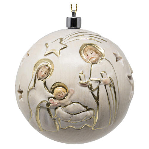 Palla Natale bianco oro Natività scolpita legno Valgardena 7 cm luce calda 2