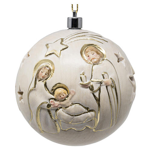 White gold Christmas ball Nativity carved in Valgardena wood 7 cm warm light 1