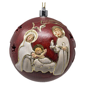 Red Christmas ball with carved Nativity and light, Val Gardena painted wood, 2.2 in