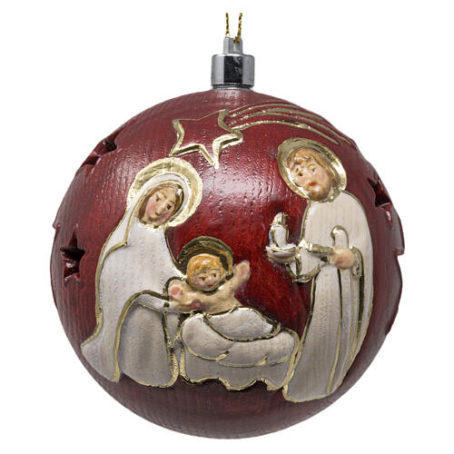 Red Christmas ball with carved Nativity and light, Val Gardena painted wood, 2.2 in 1