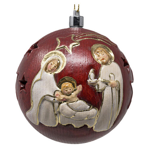 Boule sapin Noël rouge bois sculpté Sainte Famille Val Gardena 7 cm lumière 1