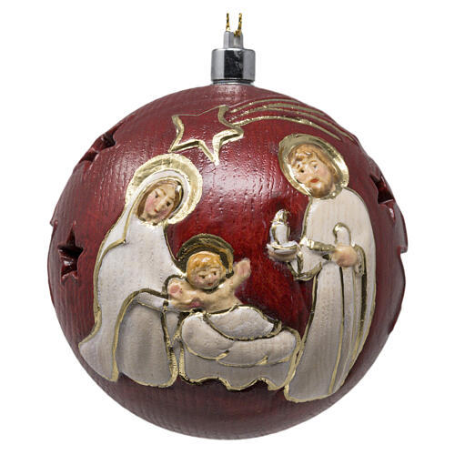 Palla albero Natale rossa legno scolpito Sacra Famiglia Valgardena 7 cm luce 2
