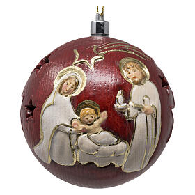 Bombka na choinkę Święta Rodzina, tło czerwone, drewno rzeźbione Valgardena, 7 cm, światło