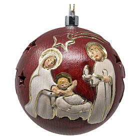 Bombka na choinkę narodziny Jezusa, tło czerwone, drewno nacięte Valgardena, 9 cm, światło