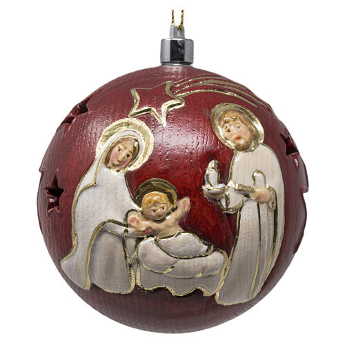 Bombka na choinkę narodziny Jezusa, tło czerwone, drewno nacięte Valgardena, 9 cm, światło 2