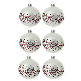 Set of 6 pearly white Christmas balls with red and green branches, 80 mm, blown glass