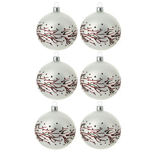 Set of 6 pearly white Christmas balls with red and green branches, 80 mm, blown glass 2