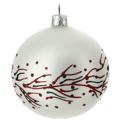 Set of 6 pearly white Christmas balls with red and green branches, 80 mm, blown glass 4