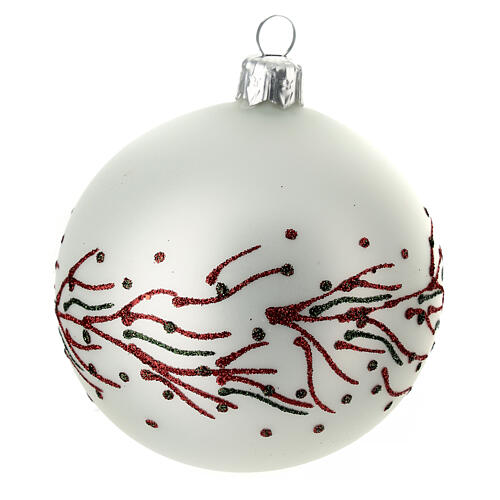 Set of 6 pearly white Christmas balls with red and green branches, 80 mm, blown glass 6