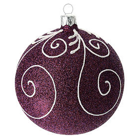 Iridescent purple Christmas ball with glittery white spirals, blown glass, 100 mm