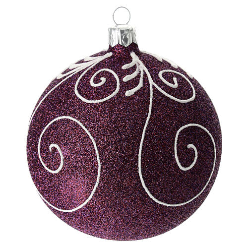 Iridescent purple Christmas ball with glittery white spirals, blown glass, 100 mm 1