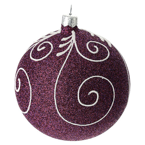 Iridescent purple Christmas ball with glittery white spirals, blown glass, 100 mm 3