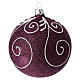 Iridescent purple Christmas ball with glittery white spirals, blown glass, 100 mm s1