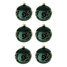 Set of 6 dark green Christmas balls with golden pattern, dull and polish blown glass, 80 mm