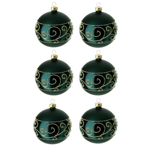 Set of 6 dark green Christmas balls with golden pattern, dull and polish blown glass, 80 mm 1