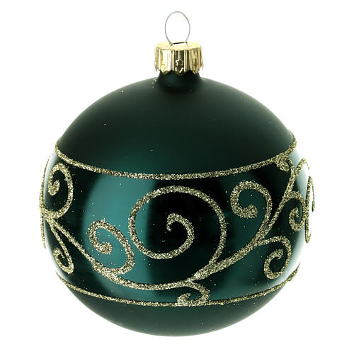 Set of 6 dark green Christmas balls with golden pattern, dull and polish blown glass, 80 mm 3