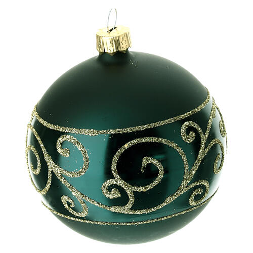 Set of 6 dark green Christmas balls with golden pattern, dull and polish blown glass, 80 mm 5