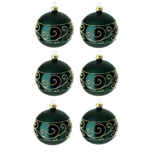 Set of 6 Christmas baubles green gold contrasting shiny matt blown glass 80 mm 1