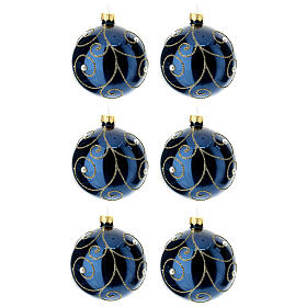 Set aus 6 Weihnachtskugeln, mundgeblasenes Glas, blau mit Golddekor und Perlen, Ø 80 mm
