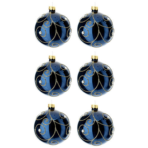 Set aus 6 Weihnachtskugeln, mundgeblasenes Glas, blau mit Golddekor und Perlen, Ø 80 mm 1