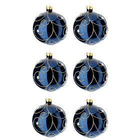 6 Christmas tree baubles in blue blown glass, gold decorations, 80 mm beads