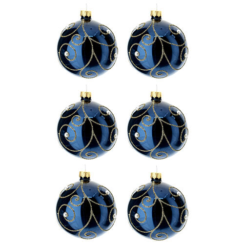 6 Christmas tree baubles in blue blown glass, gold decorations, 80 mm beads 2