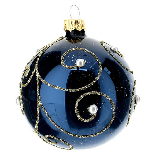 6 Christmas tree baubles in blue blown glass, gold decorations, 80 mm beads 4