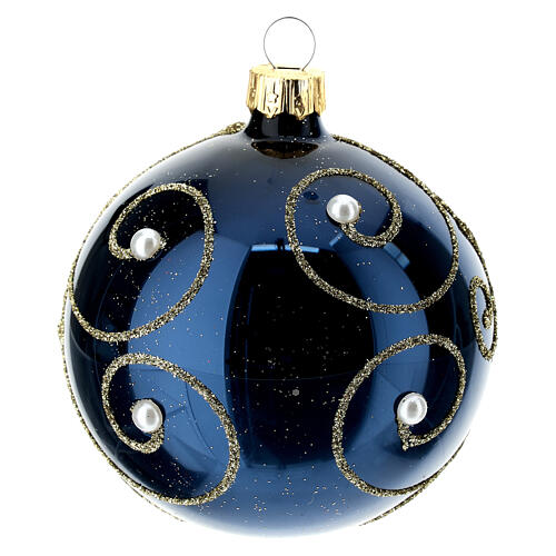 6 Christmas tree baubles in blue blown glass, gold decorations, 80 mm beads 5