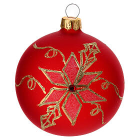 Dull red Christmas ball with golden flowers, transluscent blown glass, 80 mm