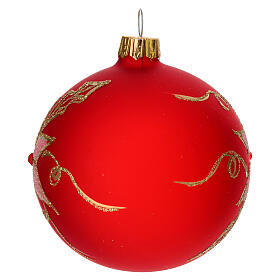 Dull red Christmas ball with golden flowers, transluscent blown glass, 80 mm