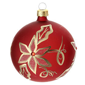 Pallina Natale rosso opaco semitrasparente fiori dorati vetro soffiato 80 mm