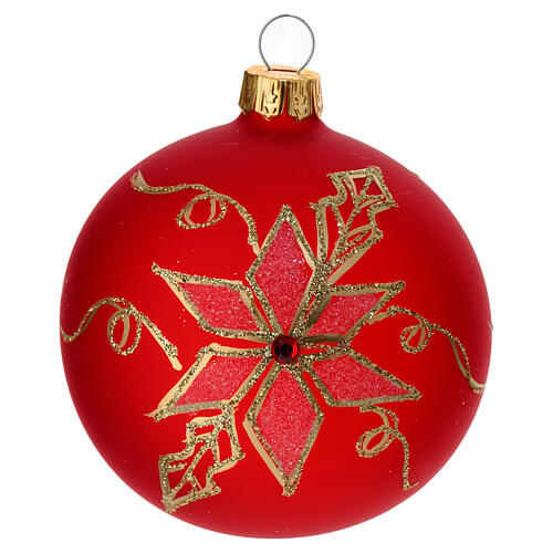 Bola de Natal vermelho opaco semitransparente flores dourados vidro soprado 80 mm 1