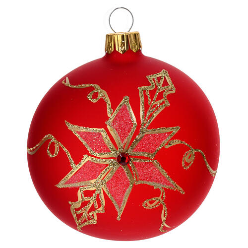 Bola de Natal vermelho opaco semitransparente flores dourados vidro soprado 80 mm 3