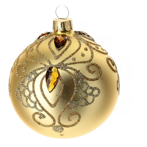 Weihnachtskugel, mundgeblasen, gold matt mit goldenen Ornamenten und orangefarbenen Schmucksteinen, Ø 80 mm 2