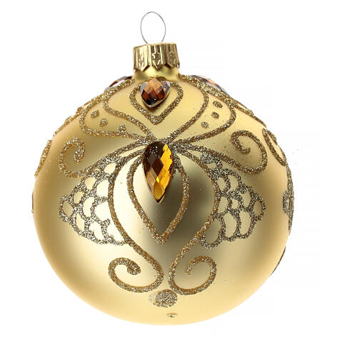 Weihnachtskugel, mundgeblasen, gold matt mit goldenen Ornamenten und orangefarbenen Schmucksteinen, Ø 80 mm 5