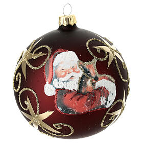 Weihnachtskugel, mundgeblasen, rot matt mit goldenen Ornamenten und Decoupage-Motiv Weihnachtsmann, Ø 100 mm