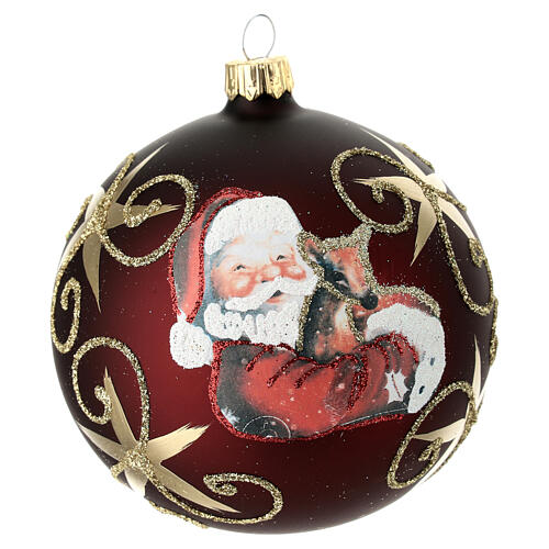 Weihnachtskugel, mundgeblasen, rot matt mit goldenen Ornamenten und Decoupage-Motiv Weihnachtsmann, Ø 100 mm 2