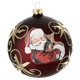 Opaque red Christmas ball with Santa and golden stars, glitter and decoupage on blown glass, 100 mm