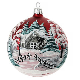 Opaque red Christmas ball with snowy landscape and a fence, blown glass, 100 mm