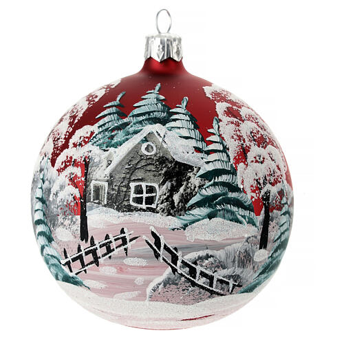 Opaque red Christmas ball with snowy landscape and a fence, blown glass, 100 mm 1