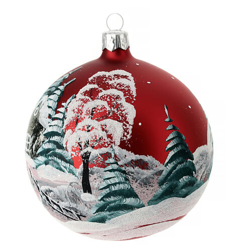 Opaque red Christmas ball with snowy landscape and a fence, blown glass, 100 mm 5