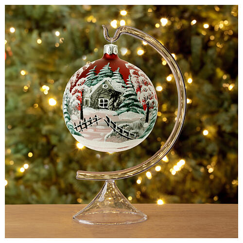 Boule Noël paysage enneigé avec clôture verre soufflé 100 mm rouge mat 4